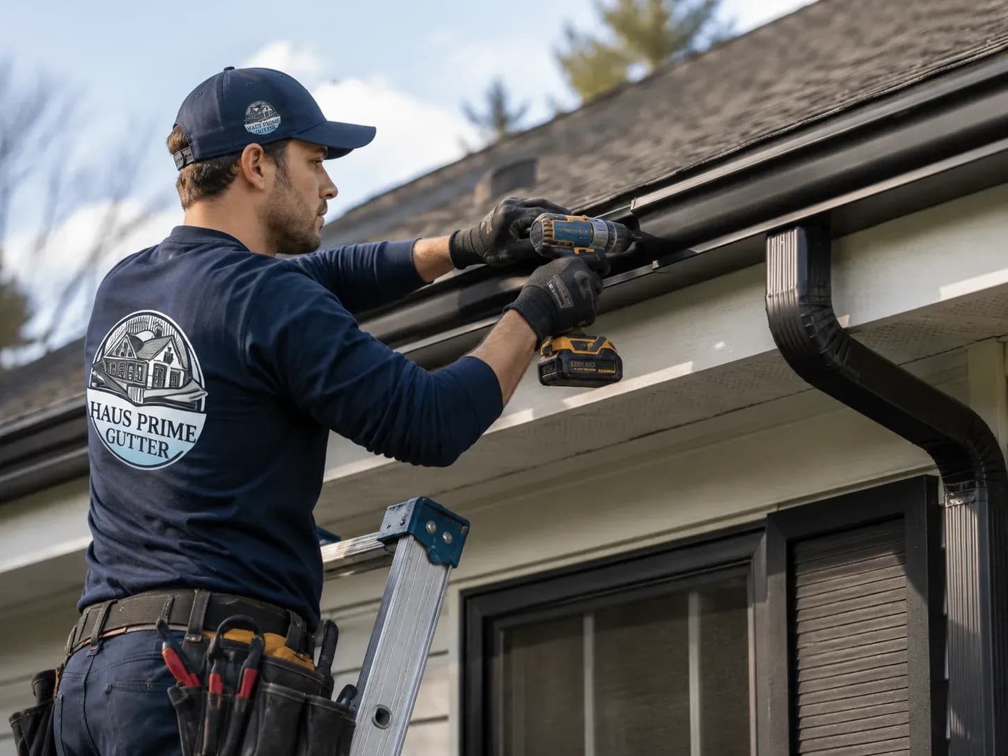 Técnico de Haus Prime reparando un tramo de canaleta desde la escalera