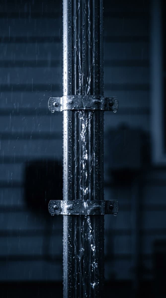 Lluvia cayendo del techo de una casa en Nueva Jersey hacia una canaleta seamless instalada por Haus Prime