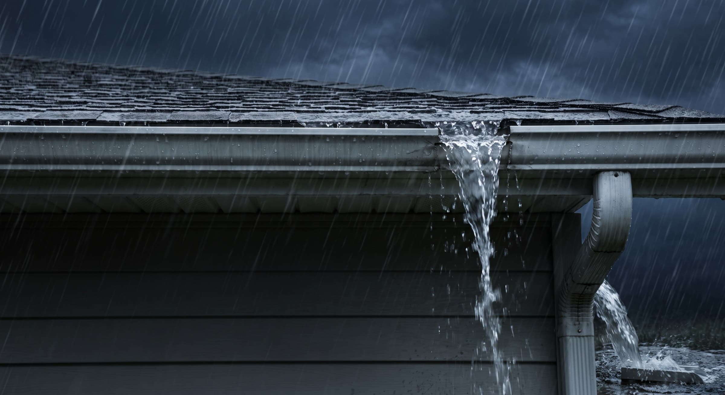 Lluvia cayendo del techo de una casa en Nueva Jersey hacia una canaleta seamless instalada por Haus Prime