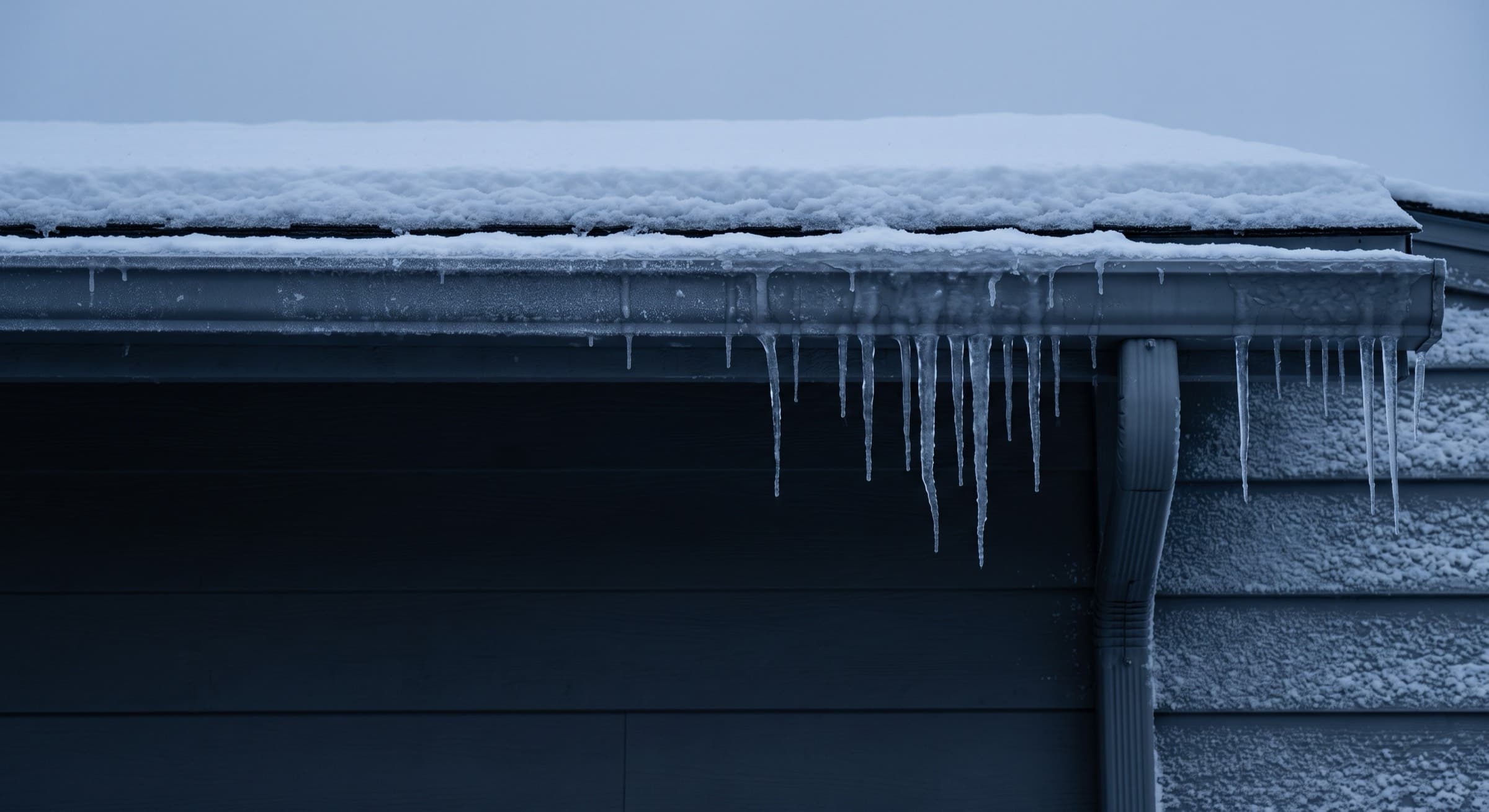 Nieve y hielo acumulados en el borde del techo y las canaletas de una casa en Nueva Jersey en invierno